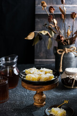 getuk or mashed cassava cake with dramatic lighting

