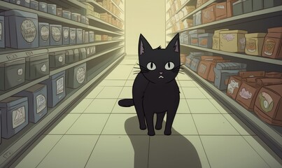 Black kitten walks between the shelves in the store