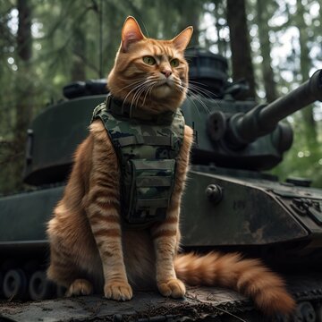 "Cat with army suit" featuring an orange furred cat wearing a forest army suit with a calm facial expression, standing on a tank. 