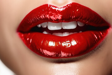Obraz premium female red bright lips, caucasian woman sexy mouth Generative AI