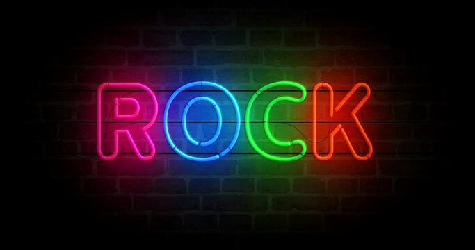 Rock neon symbol on brick wall. Entertainment music event  light color bulbs. Loopable and seamless abstract concept animation.