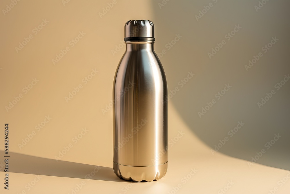 Poster a shiny metal bottle on a tan background with a shadow on the wall in the foreground and a shadow on