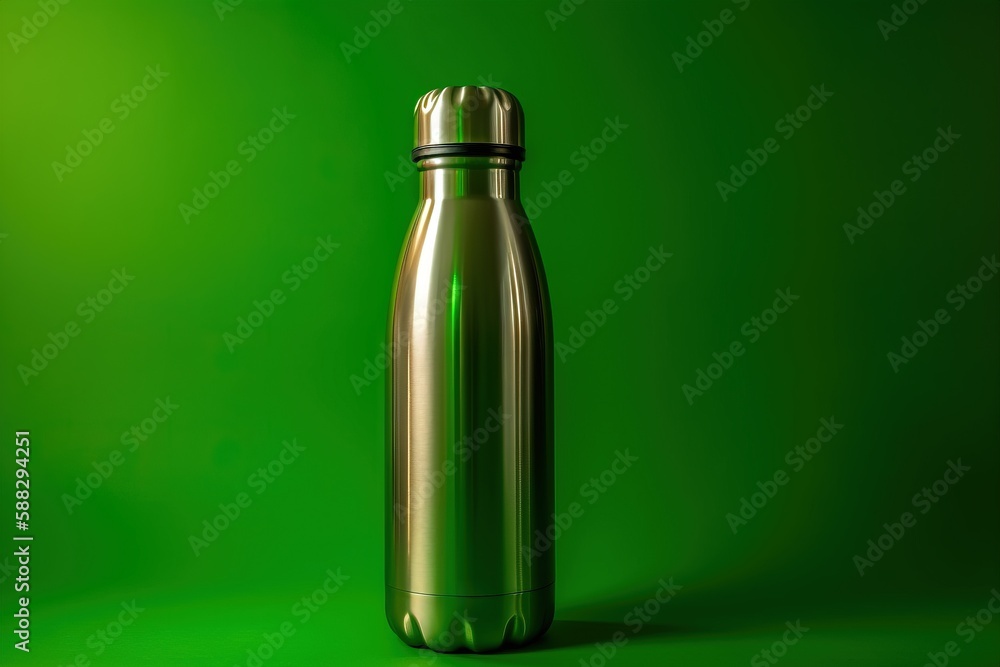 Poster a shiny metal bottle is on a green background with a black stripe on the top of the bottle and a bla