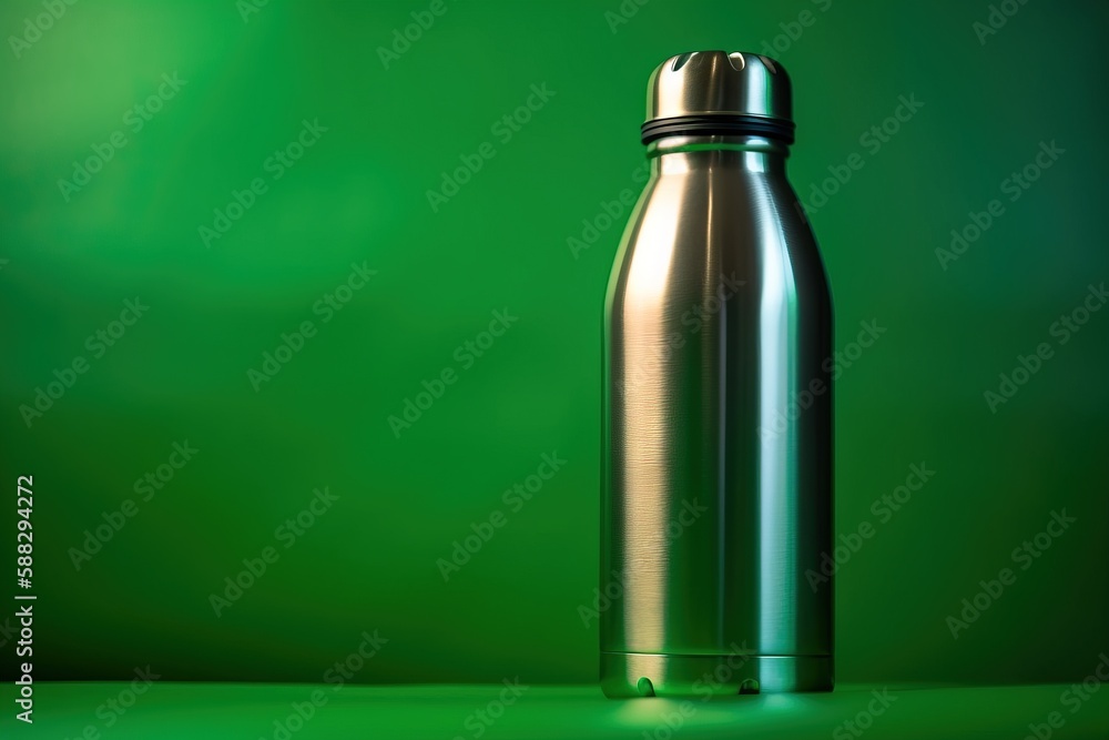 Poster a shiny metal water bottle on a green background with a reflection of the water in the bottle and th