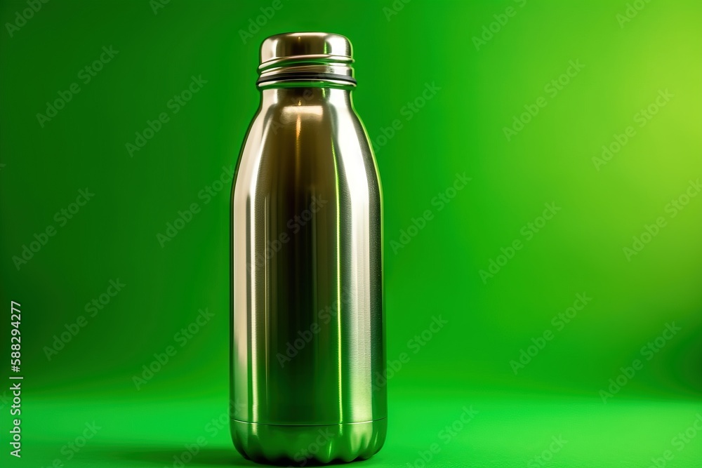 Poster a shiny metal bottle is on a green background with a shadow of the bottle on the floor and the bottl