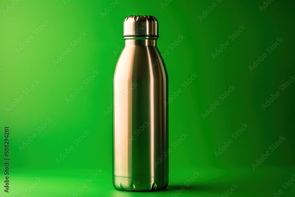 Poster a shiny metal water bottle on a green background with a reflection of the bottle in the bottom of th