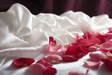  a bed with a white sheet and pink petals on it and a purple curtain in the background with a pink rose petals on the bed.  generative ai