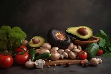 Foto op Plexiglas  an avocado, tomatoes, mushrooms, and other vegetables on a cutting board on a dark surface with a black background with a dark background.  generative ai © Shanti