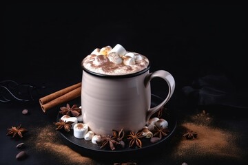  a cup of hot chocolate with marshmallows and cinnamon on a black plate with star anise and cinnamon sticks on the side.  generative ai