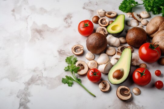 a table topped with lots of different types of vegetables and fruits on top of a white counter top next to mushrooms and avocados.  generative ai