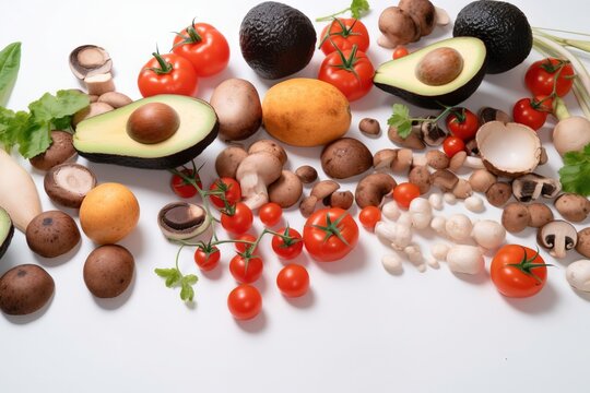  a bunch of different fruits and vegetables on a white surface with a white surface in the middle of the image, including tomatoes, mushrooms, avocados, mushrooms, and tomatoes.  generative ai