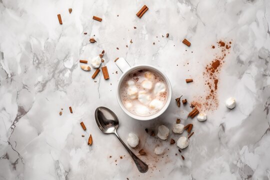  a cup of hot chocolate with marshmallows on a marble surface with a spoon and spoon rest on the side of the cup.  generative ai