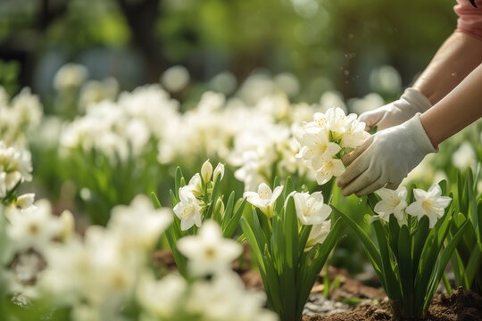 Floriculture, gloved female hands caring for white flowers in garden. Close-up, side view, copy space. Generative AI