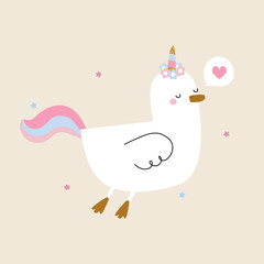 Cute duck unicorn with rainbow tail and horn. Childish fantasy graphic. Vector hand drawn illustration.