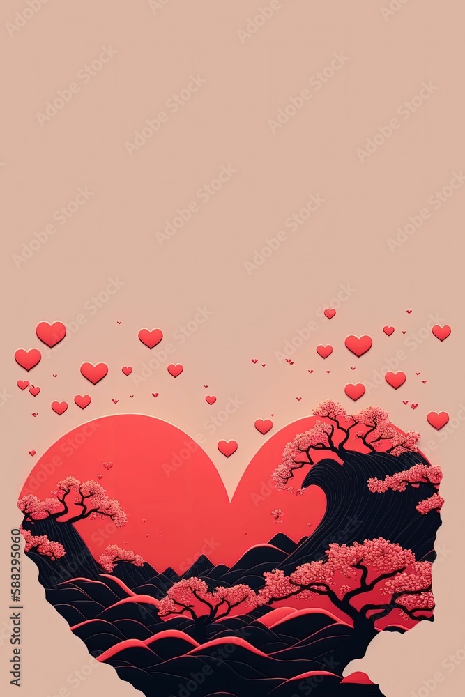 Poster illustration of the elegant hearts with sakura trees isolated on the empty background