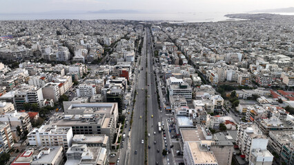 Aerial drone photo of landmark buildings in Syggrou Avenue urban cityscape, Athens centre, Attica,...