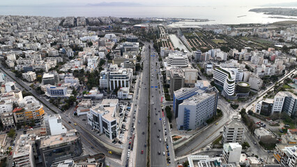 Aerial drone photo of landmark buildings in Syggrou Avenue urban cityscape, Athens centre, Attica,...