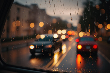 rainy weather on the roads view from the passenger window evening bokeh of lights Generative AI