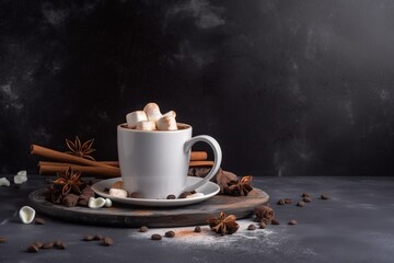  a cup of hot chocolate with marshmallows and cinnamon on a plate on a dark background with cinnamon sticks and star anise.  generative ai