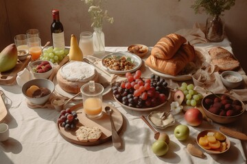  a table topped with lots of different types of food and drinks on top of a white tablecloth covered in fruit and cheeses and bread.  generative ai