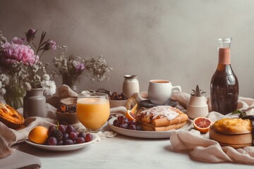  a table topped with a plate of food and a glass of orange juice next to a vase of flowers and a bottle of orange juice.  generative ai