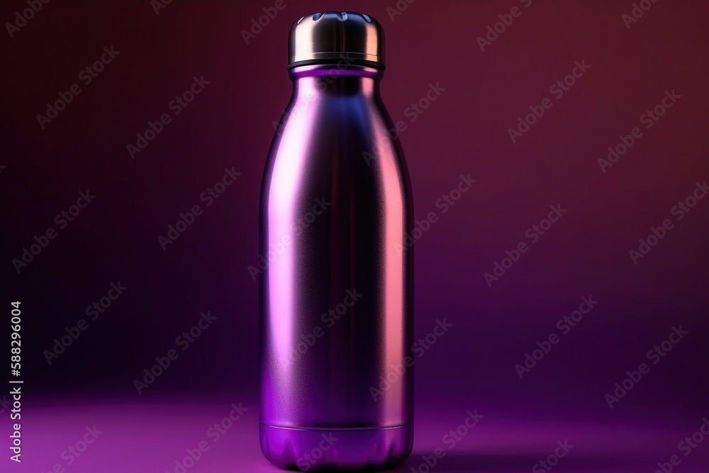 Aufkleber a shiny metal bottle on a purple and pink background with a reflection of light on the bottom of the