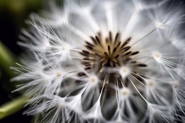  a close up of a dandelion flower with lots of white flowers in the middle of the petals and a green stem in the background.  generative ai