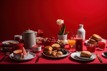  a red table topped with plates and bowls of food next to a vase of flowers and a vase of flowers on top of a table.  generative ai