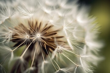  a close up of a dandelion with lots of white flowers in it's center and a blurry background behind the dandelion.  generative ai