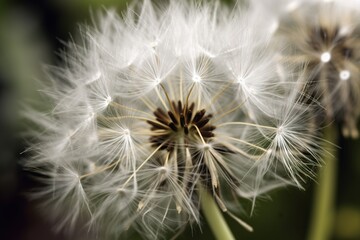  a close up of a dandelion flower with lots of seeds in it's center and a blurry background of the dandelion.  generative ai