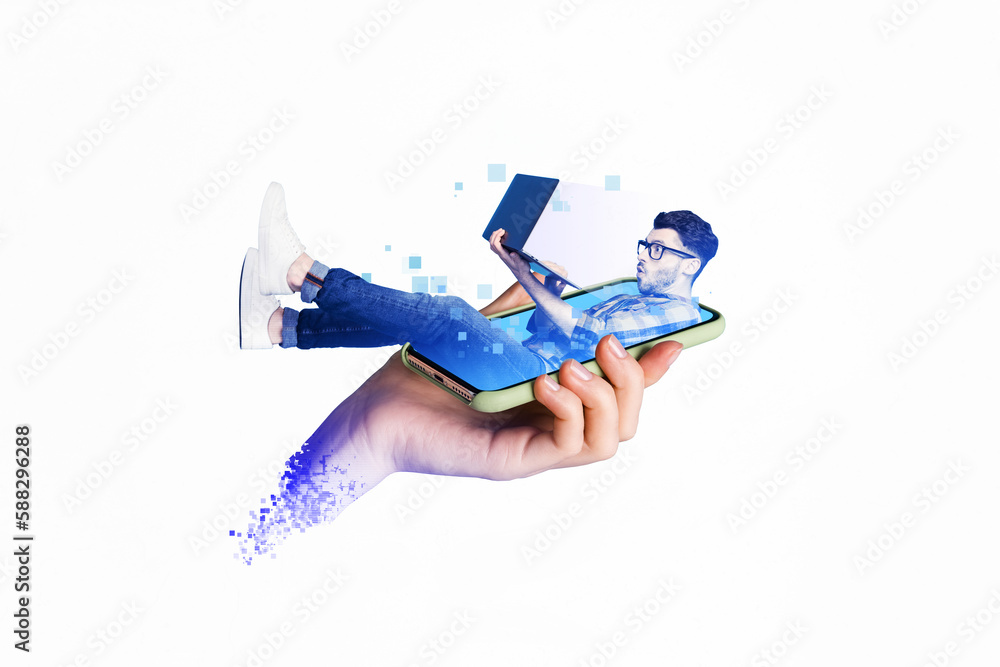 Poster composite creative collage photo of young programmer addicted man falling inside smartphone display 