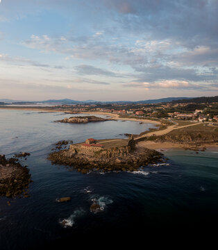 Aerial view of Ermida da Lanzada in O Grove, Pontevedra, Galicia, Spain.