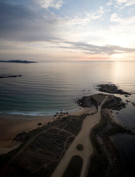 Aerial view of Ermida da Lanzada and archeological castro in O Grove, Pontevedra, Galicia, Spain.