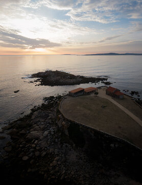 Aerial view of Ermida da Lanzada in O Grove, Pontevedra, Galicia, Spain.