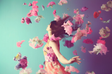 flying woman beauty spring fashion art falling head flower peony colorful. Generative AI.