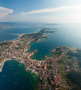Aerial view of Illa de Arousa in Ria de Arousa, Pontevedra, Galicia, Spain.