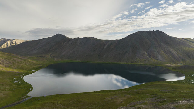 Aerial view of Sheosar lake, Deosai, Gilgit Baltistan, Pakistan in the Karakoram range of the Himalayas.