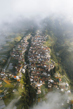 Aerial view of Nepal Van Javaon village on top of volcano Sumbing, Borobudur, Magelang, Central Java, Indonesia.