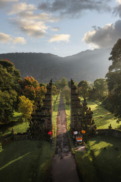 Aerial view of Handara Gate in the north of Bali at early morning light, Buleleng, Bedugul, Indonesia.