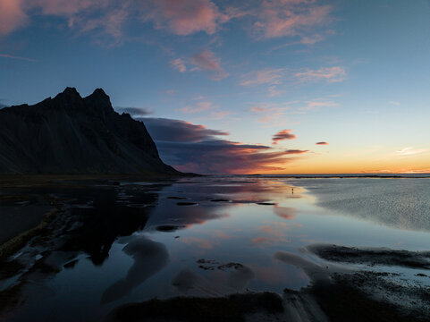 Aerial view of Stokksnes bay at sunset near the Vestrahorn mountain, Austurland, Iceland.