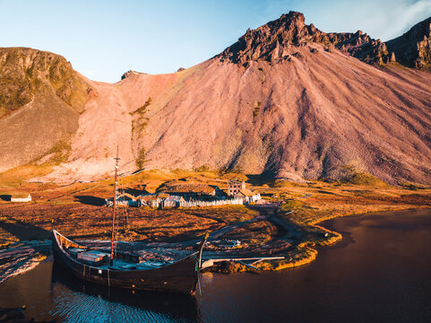 Aerial view of a Viking village with Vestrahorn Mountain in background, Austurland, Iceland.