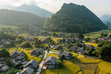 Aerial view of Ha Giang Village among the mountains, Vietnam.