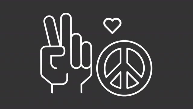 Peace sign white line icon animation. CND symbol and greeting gesture. Body language. Pacifism emblem. Loop HD video with chroma key, alpha channel on transparent background, black solid background