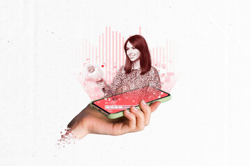 Composite template minimal collage smartphone virtual projection young interviewer hold microphone...