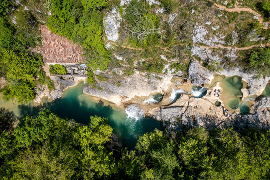 Aerial view of Kotli watermill with small waterfalls in Istria, Croatia.
