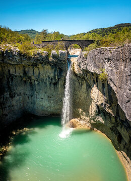 Aerial view of Benkovski waterfall, near the town of Pican, located in central Istria, Croatia.