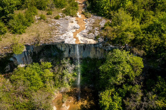 Aerial view of Benkovski waterfall, near the town of Pican, located in central Istria, Croatia.