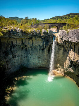 Aerial view of Benkovski waterfall, near the town of Pican, located in central Istria, Croatia.