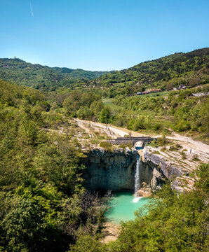 Aerial view of Benkovski waterfall, near the town of Pican, located in central Istria, Croatia.