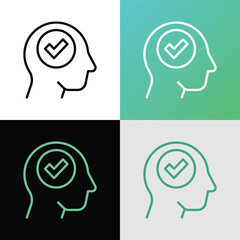 Idea approved thin line icon: check mark in human head. Right decision, positive solution. Vector illustration.